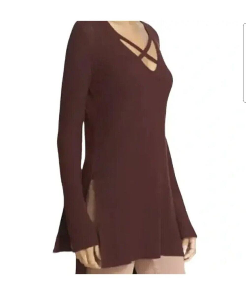 Free People Criss Cross Front Tunic High Low Sweater Size L Brown 14597